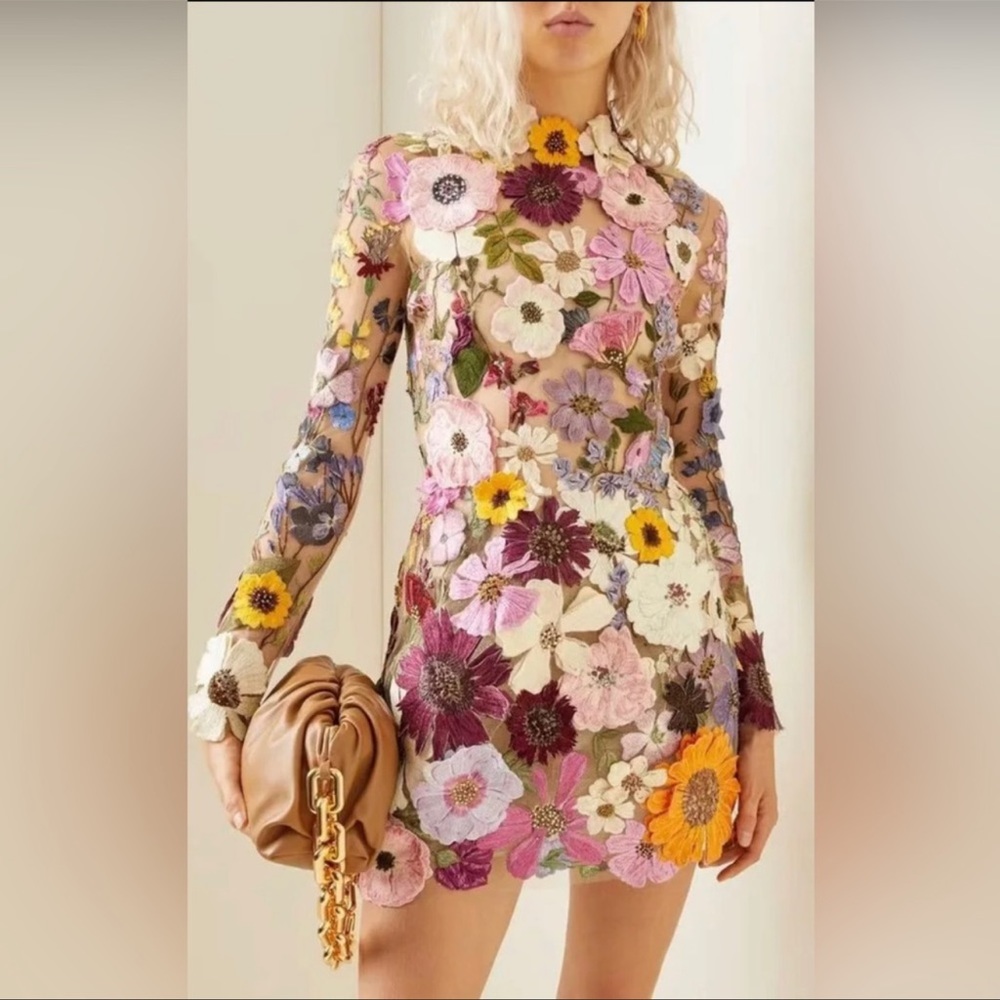 Fluers Embroidered Flowers Bell Skirt Mini Dress, Designed With Luxury In Mind